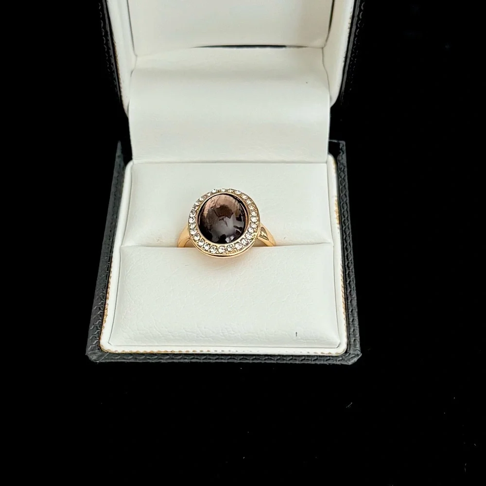 Gold Tone Oval Halo Ring with Smoky Brown Stone | Vintage Style Statement Ring - Picture 3 of 3